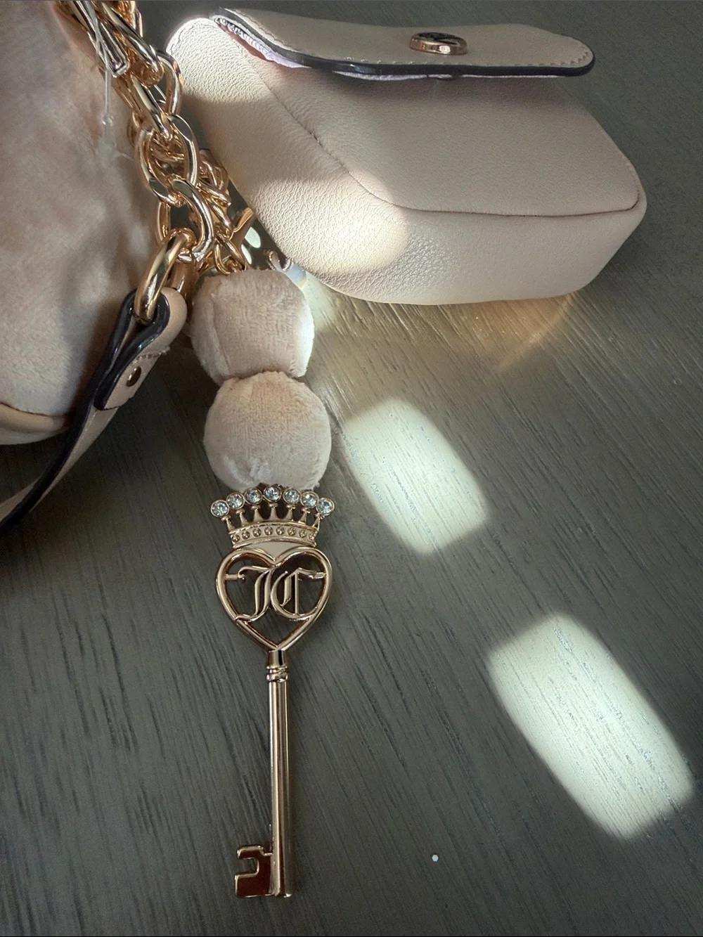Juicy Couture Blush Pink Suede Embroidered Shoulder Bag with Gold Chain